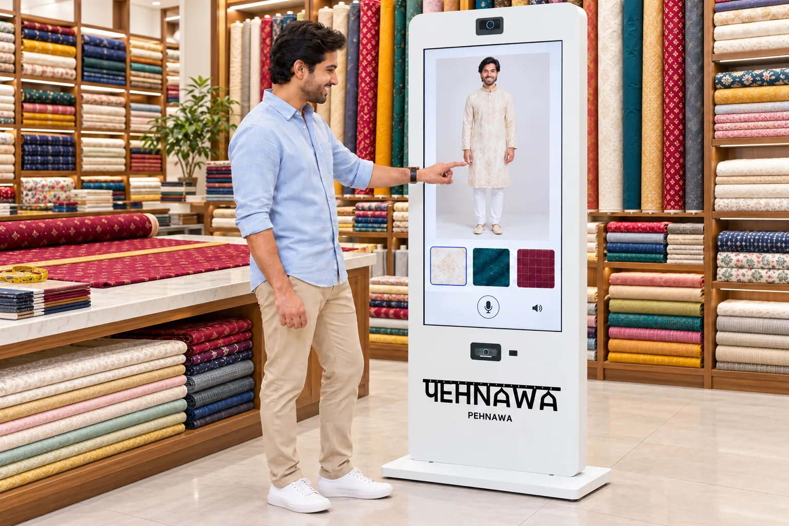 AI-generated concept of a customer using a Pehnawa kiosk in a fabric store